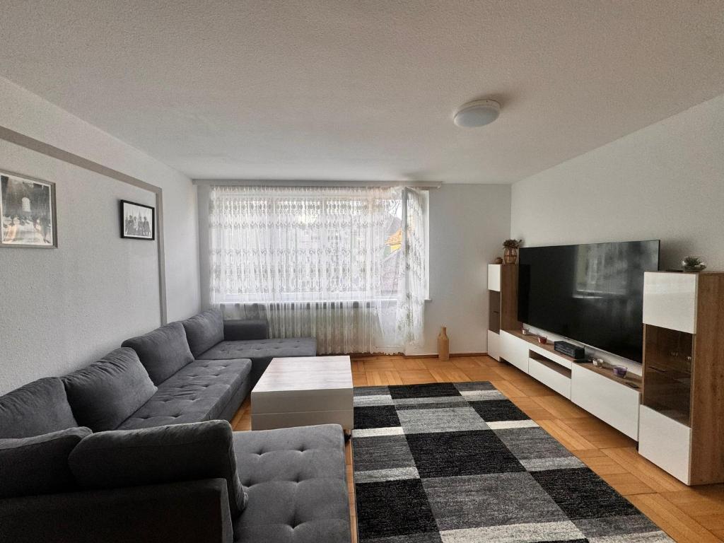 a living room with a couch and a flat screen tv at E&H Appartements in Bregenz