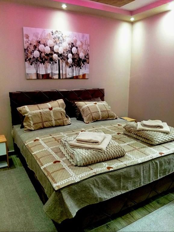 a large bed with two towels on top of it at Apartmani Alibi in Kula