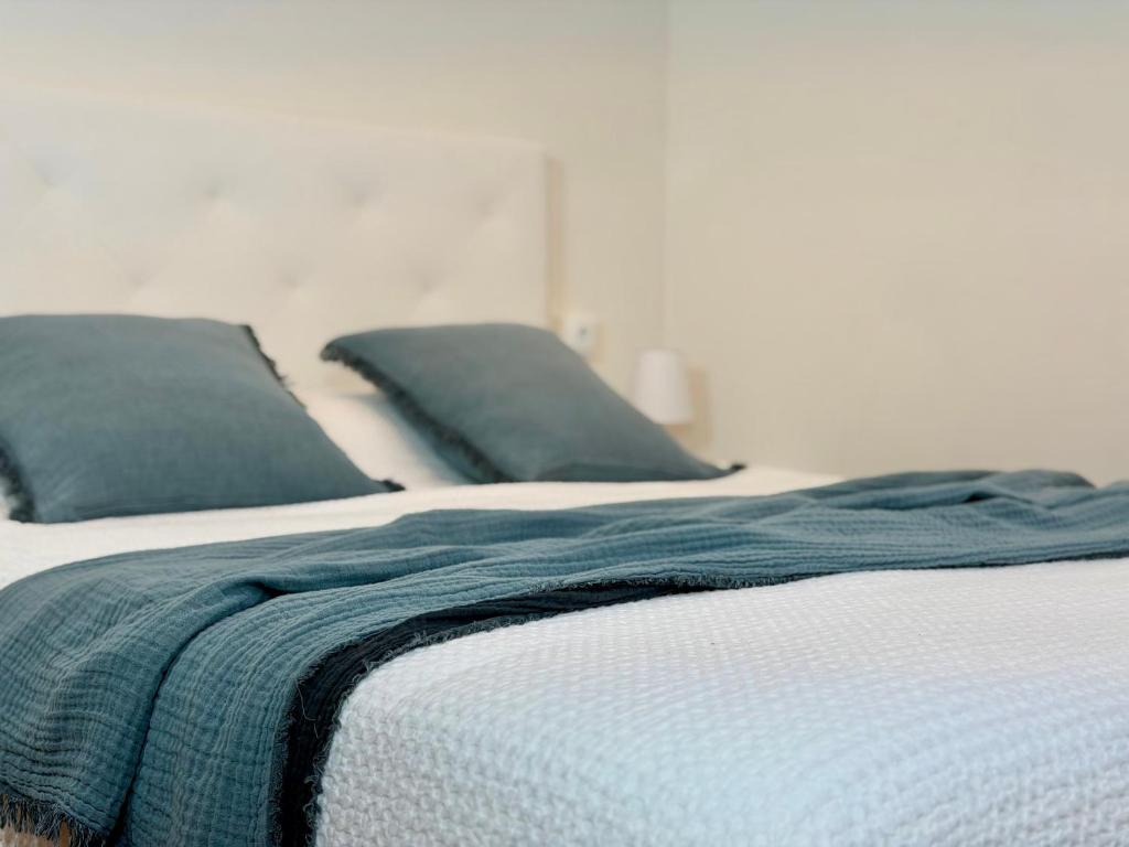 two beds with blue pillows in a bedroom at Monte Subiedes, Apartamentos Valle de Camaleño in Camaleño