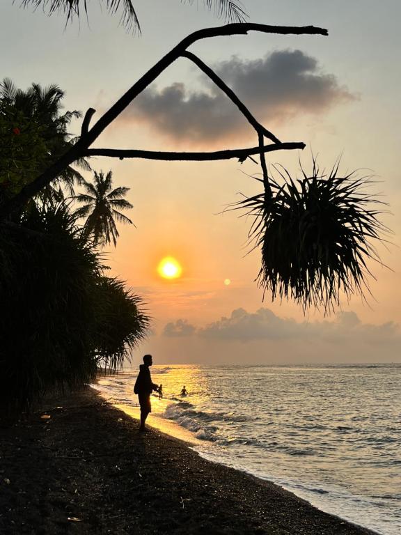 a person walking on the beach at sunset at Secret Beach Beachfront Bungalow in Papak