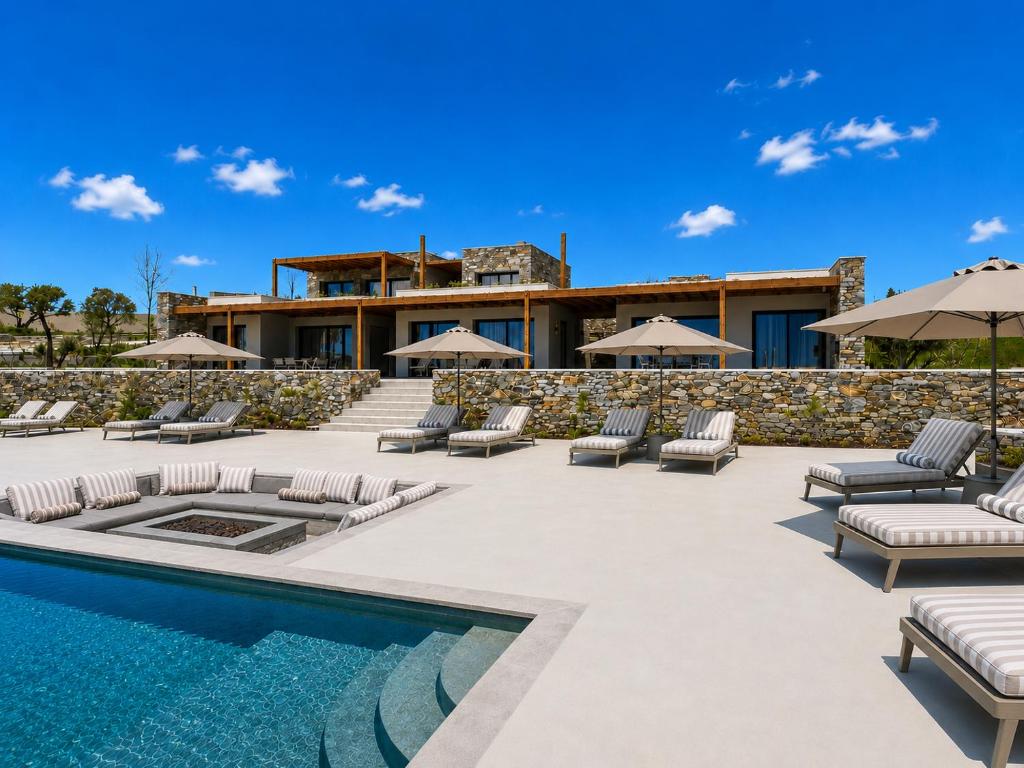 a patio with lounge chairs and a swimming pool at Summer Scents Villa Sani by Granari Rentals in Sani Beach