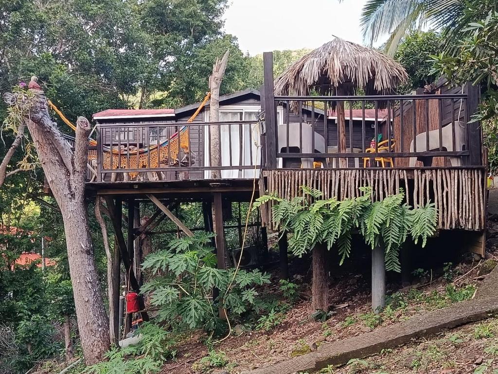 a tree house with a deck in the forest at Cabanes rêve d'enfant in Les Anses-dʼArlets