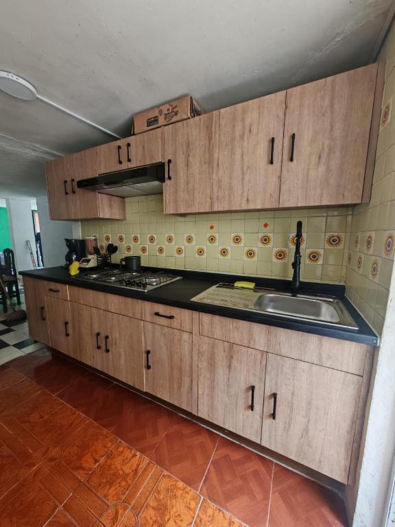 eine Küche mit Holzschränken und einer Spüle in der Unterkunft Casona Don Nilo in Morelia