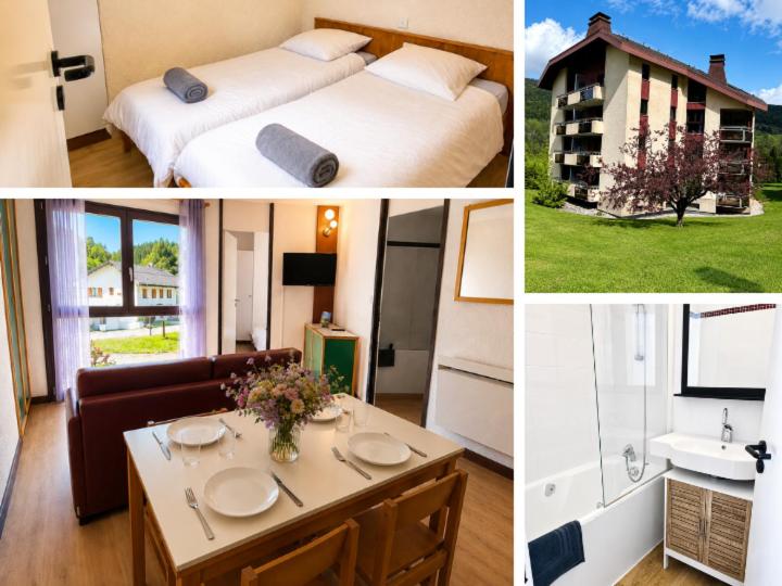 a collage of pictures of a hotel room with a bed at L'évasion montagnarde - résidence loisirs - garage in Lélex