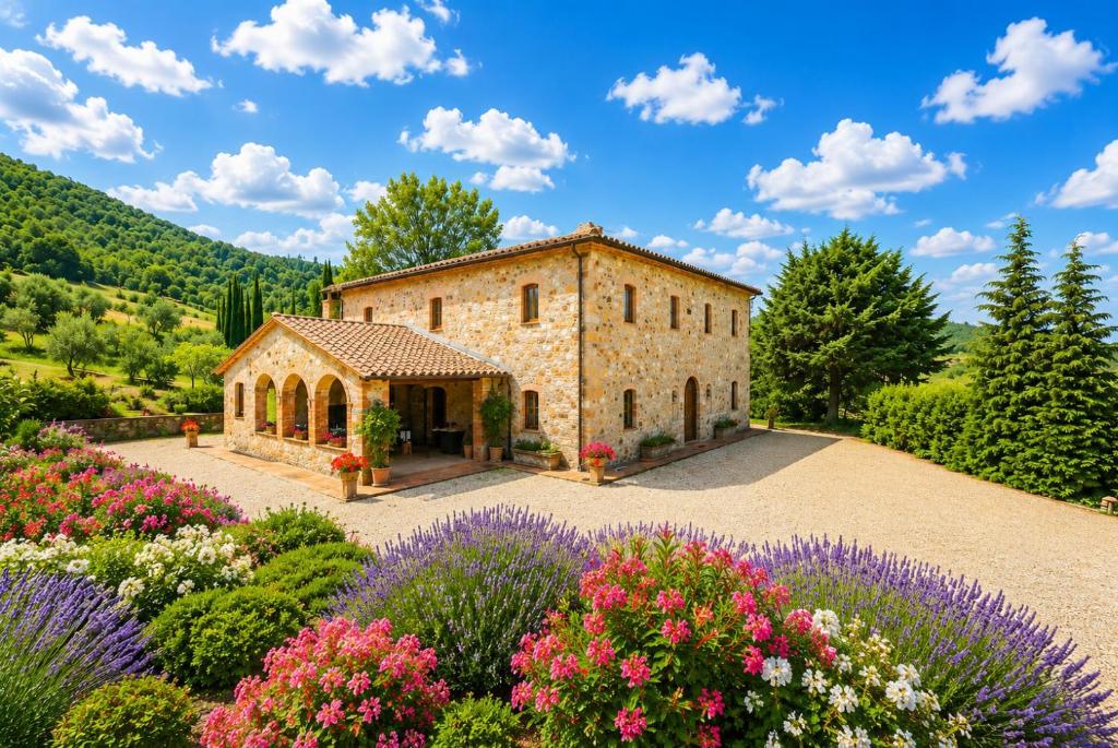 an old stone building in a garden with flowers at Villa Il Giulione Large Private Pool WiFi in Trevinano