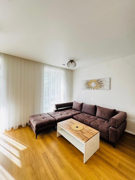 a living room with a couch and a coffee table at Apartamentai parke, su vaizdu į upę - Šešupės terasos in Marijampolė