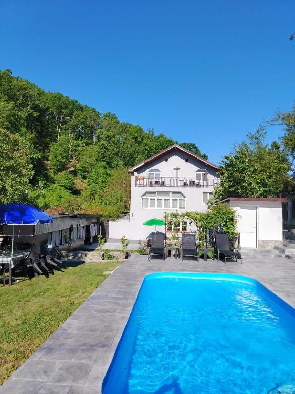 a swimming pool in front of a house at CasaMarinela in Orşova
