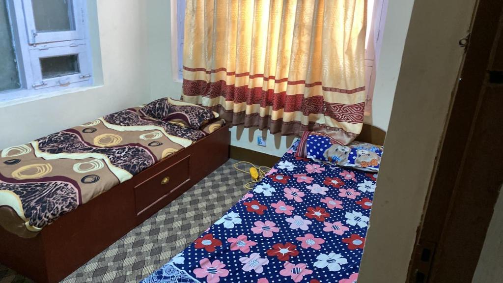 a bedroom with two beds and a window at Peace Hostel in Kathmandu