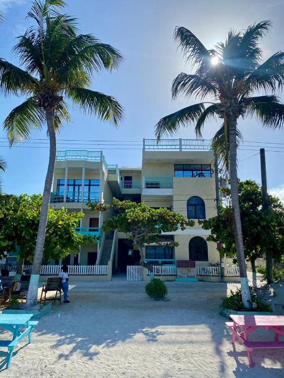 a building on the beach with two palm trees at Jan's Hotel in Caye Caulker