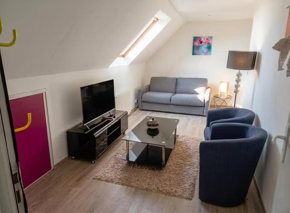 a living room with a couch and a tv at Charmant T2 Cosy - Sous les toits in Luxeuil-les-Bains