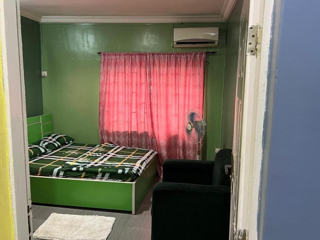 a small green room with a bed and a chair at Electra Serviced 1 Bedroom Apartment, Lagos in Iju Junction