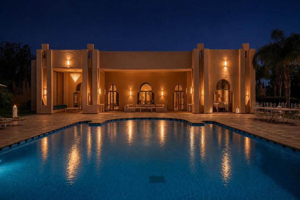 a swimming pool in front of a house at night at Luxury Palace in Marrakesh in Marrakesh