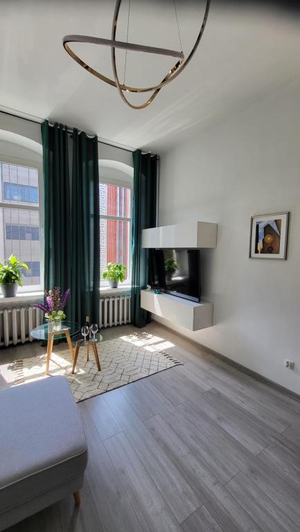 a living room with a couch and a fireplace at Old Town Apartment Opole in Opole