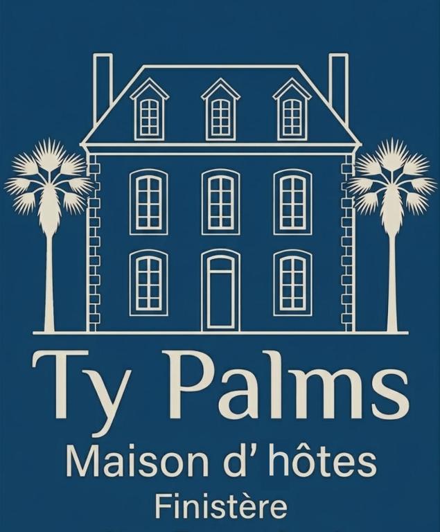 a blue house with palm trees and the words tv palms mission d houses franchise at Ty Palms - Maison d'hôtes in Plomodiern
