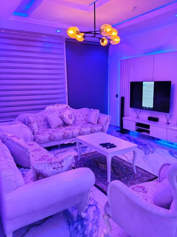 a living room with pink furniture and a tv at Apartments 4B Block B in Lagos