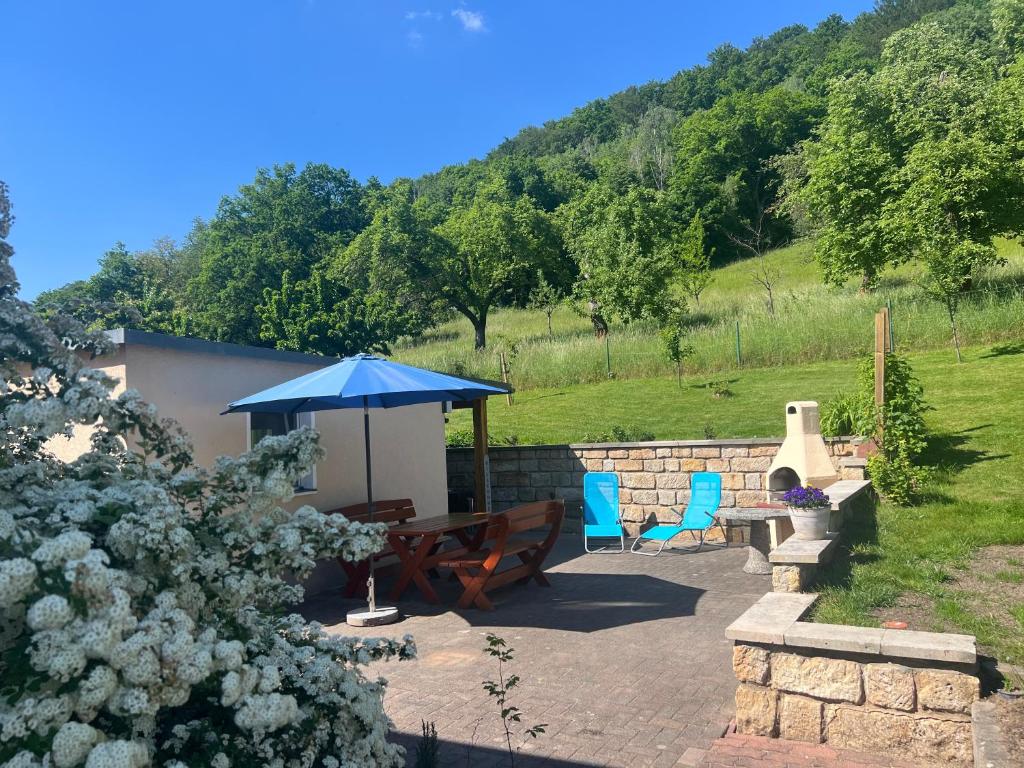 a patio with a table and chairs and an umbrella at Ferienhaus Gänseblümchen in Königstein an der Elbe