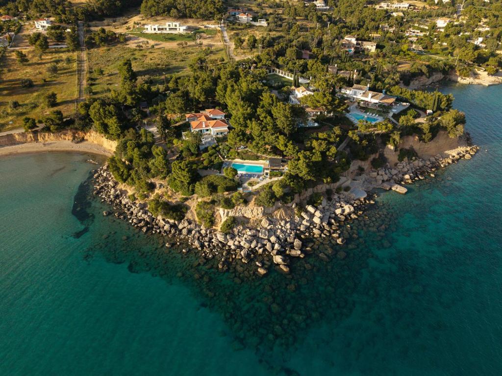 an aerial view of an island in the water at Villa Irini in Porto Heli