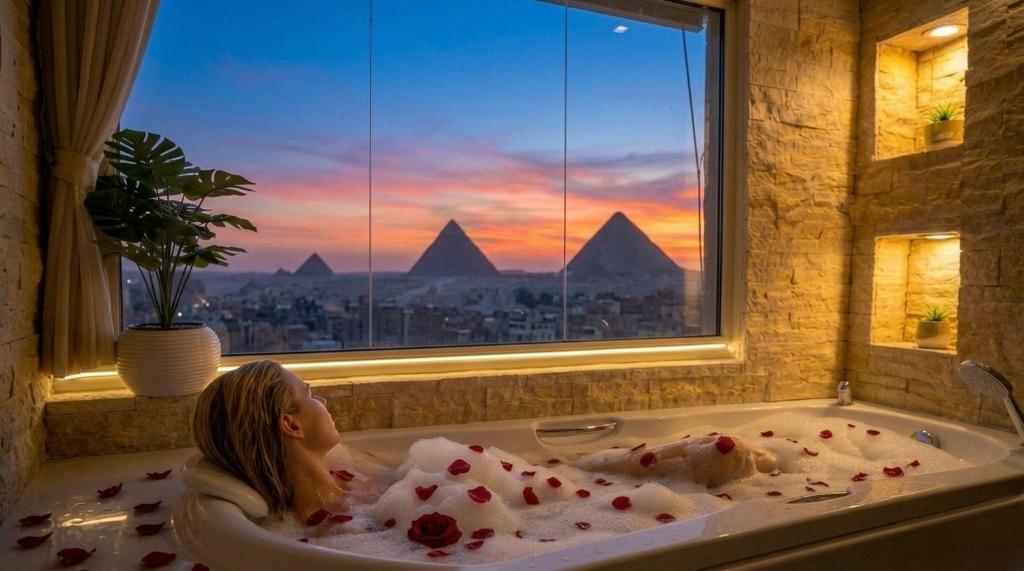 a little girl laying in a bath tub looking out a window at Royal Plaza Pyramids View in Cairo