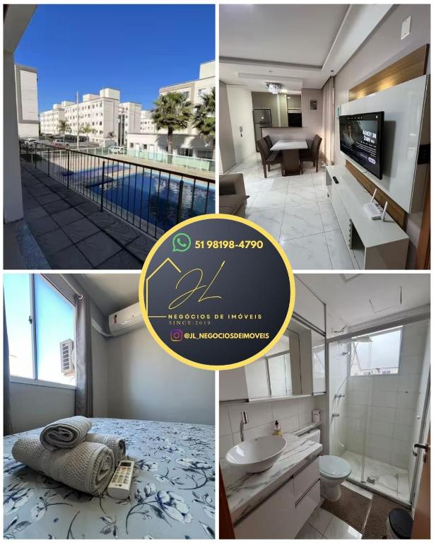 a collage of photos of a bathroom and a room at 01 Conforto e estilo-piscina e garagem inclusa in São Leopoldo