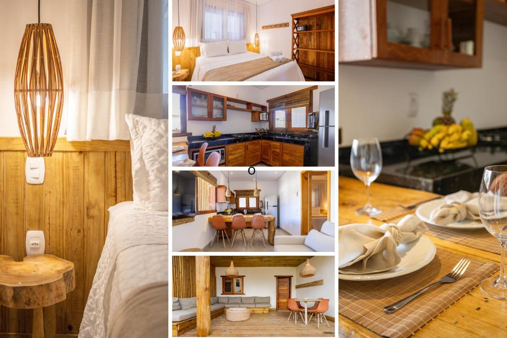 a collage of four pictures of a hotel room at Apê Rustic Chic na Rua do Mucugê - Café da manhã opcional - Estilo e Localização Premium in Porto Seguro