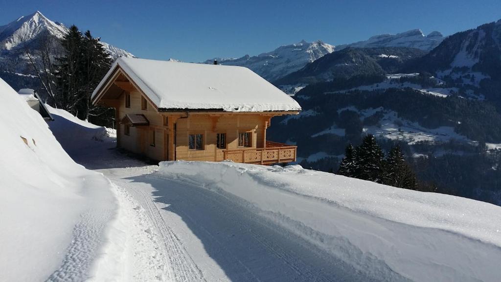 eine Hütte auf einem schneebedeckten Berg in der Unterkunft Winterfell in Leysin