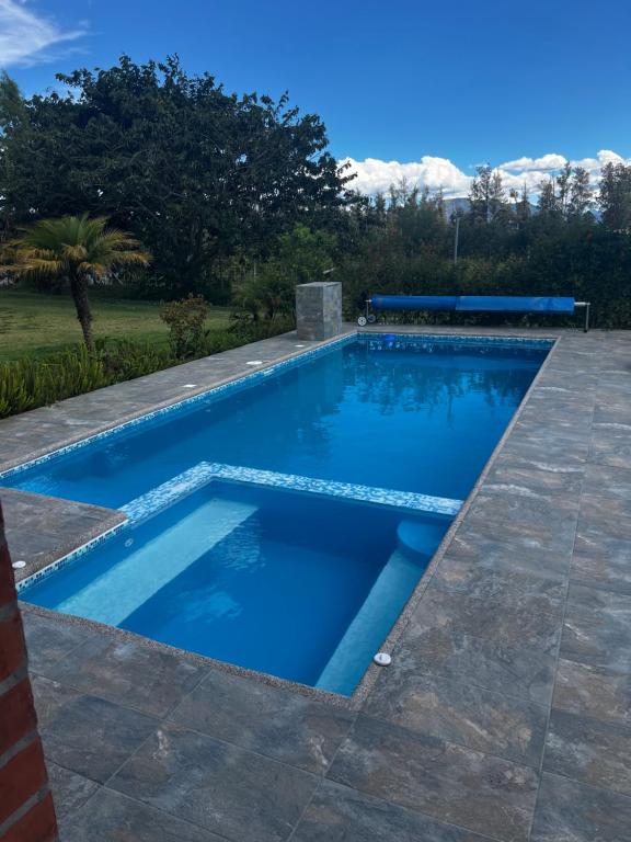 a swimming pool with blue water in a yard at Quinta Paco de Lucía in Hacienda Santa Rosa