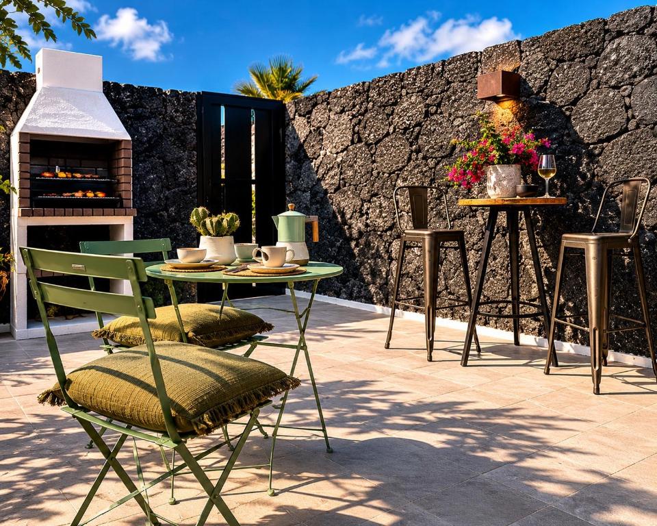 a patio with a table and chairs and a fireplace at Villa Blanco - Romantic Hideaway - Private Villa for Couple in Tías