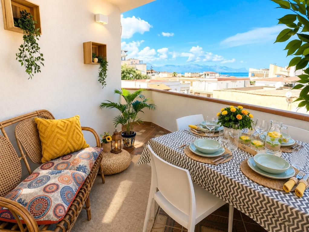 a dining room with a table and chairs and a balcony at Dune Dorate,Tramonti Infiniti la tua oasi di pace in Dune ! Aprile al Mare in Appartamento con vista panoramica e WiFi Casa Vacanza Vista Mare in Sicilia Relax e Tramonti Unici in Alcamo Marina