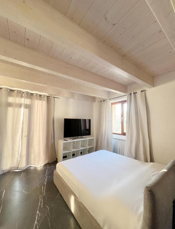 a bedroom with a large bed and a flat screen tv at Casa Gloria in Zelbio