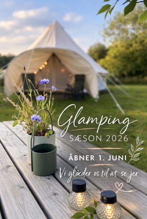 a table with flowers and a tent in the background at Langø Fjord Glamping NR 2 in Nakskov