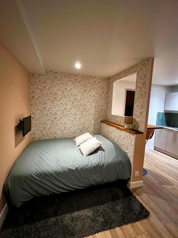 a bedroom with a bed and a mirror on the wall at Cozy studio in Millières