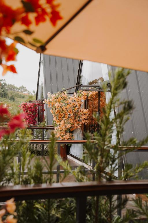 a view of a balcony with a bunch of flowers at Cabana dos Colibris in Santa Teresa