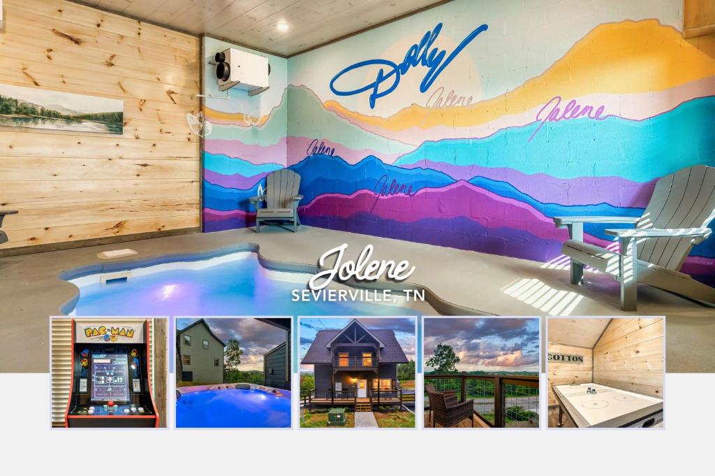 a mural on the wall of a room with a pool at Jolene- Cabin Goals, Best Location, Pool & Hot Tub, Dogs! in Sevierville