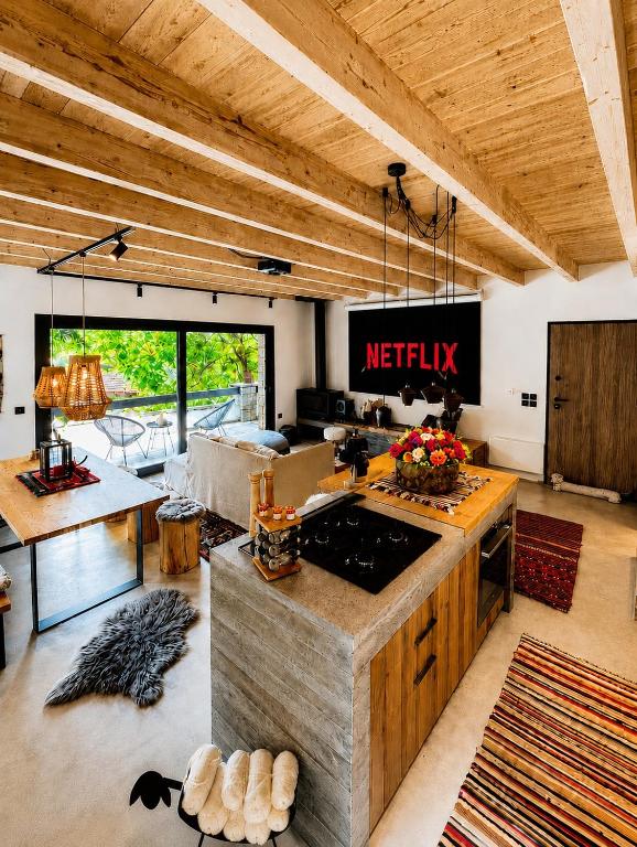 a living room with a kitchen with a stove top oven at The forest chalet in Parnassus in Eptalofos