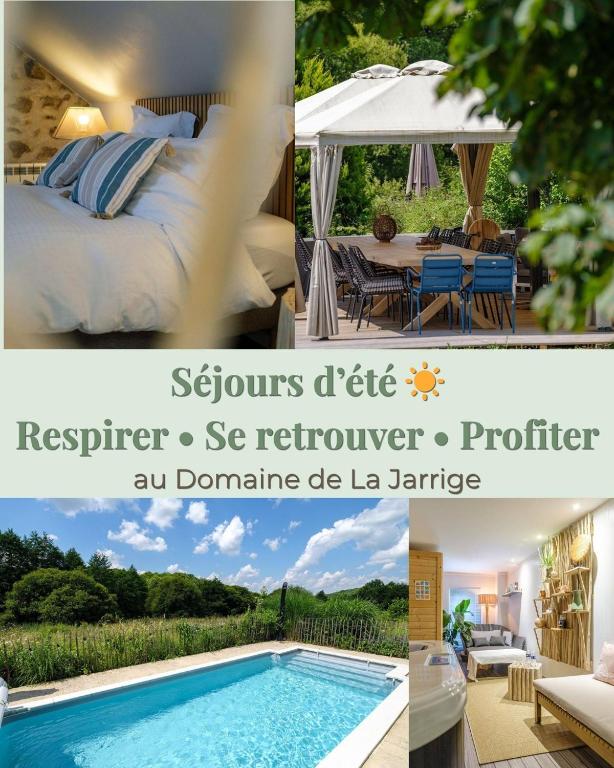 a collage of pictures of a bedroom and a swimming pool at Domaine de la Jarrige in Saint-Vaury