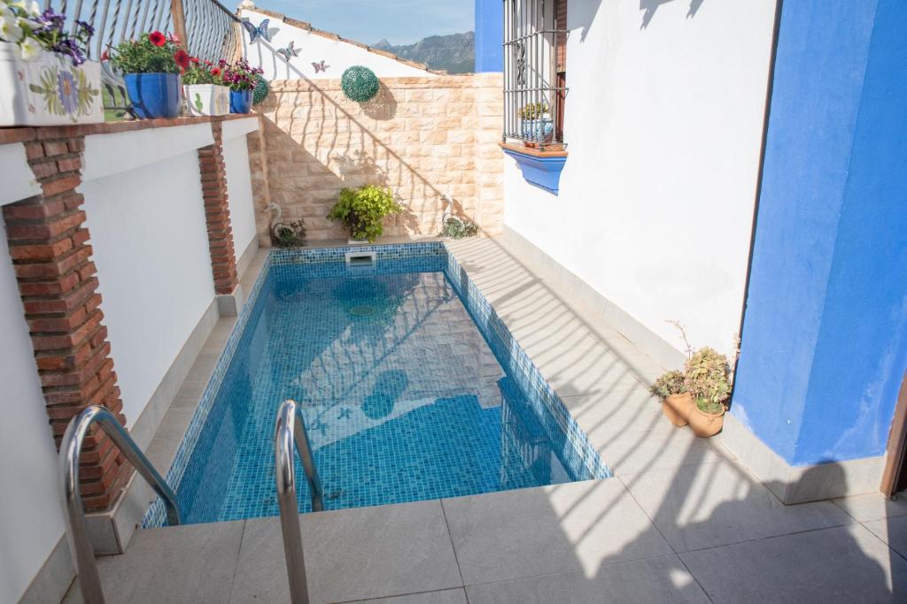 a small swimming pool with stairs and a blue and white building at Casa Teones con piscina privada in Montecorto