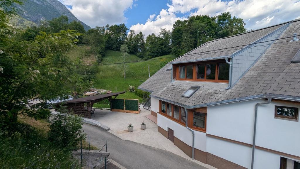 an aerial view of a white house at Apartmaji Pippi in Bovec