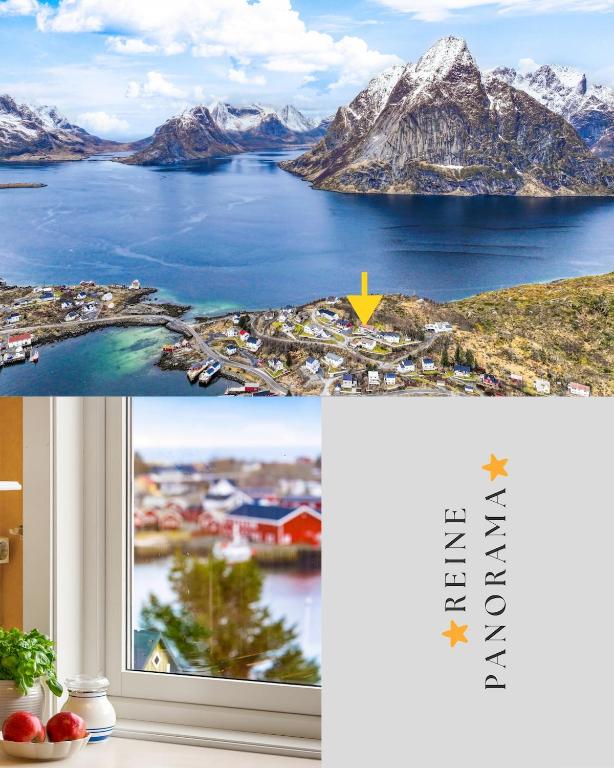 a collage of two pictures of a lake and mountains at Reine Panorama in Reine