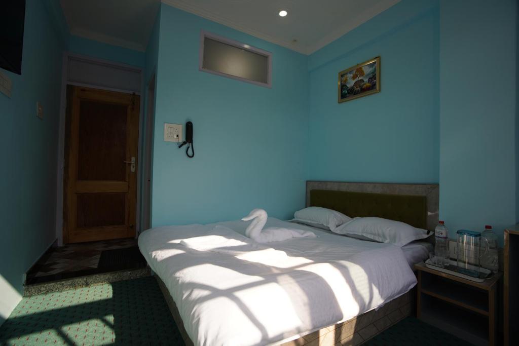 a bedroom with a bed with a blue wall at hotel the kannaz in Srinagar