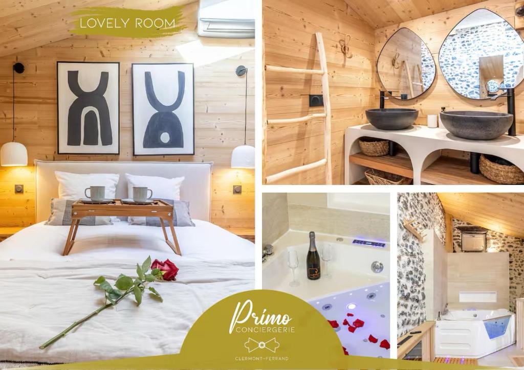 a collage of pictures of a bedroom and a bathroom at Lovely - Duplex by PRIM0 C0NCIERGERIE in Chamalières