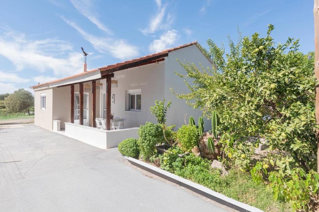 a small white house with a lot of plants at Pastida Olive Home in Pastida