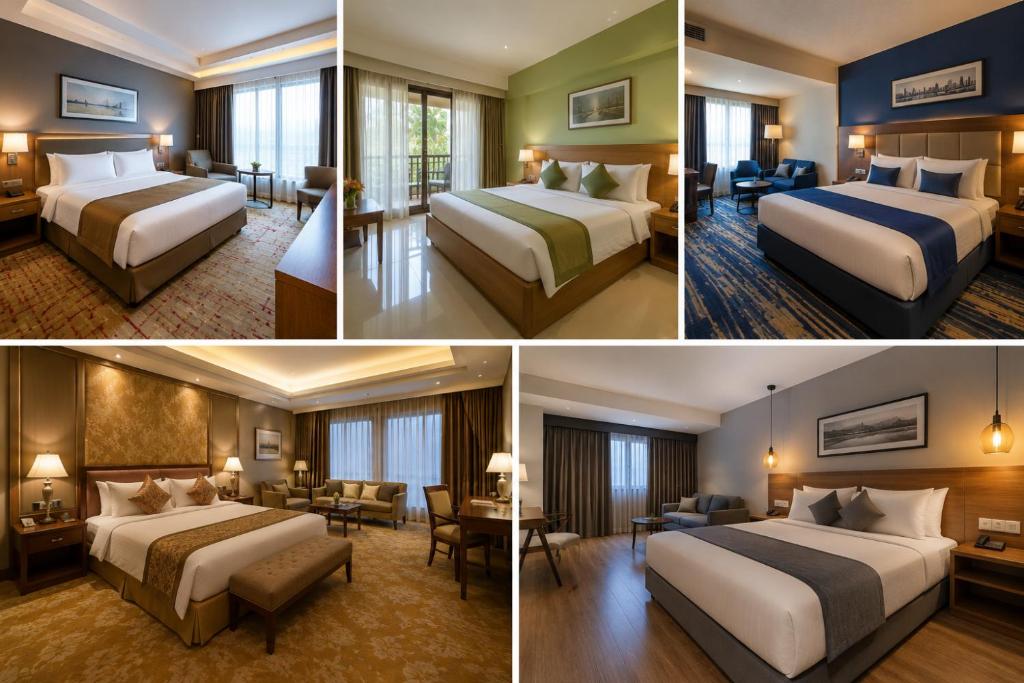 four different views of a hotel room with two beds at Green Villa in Nagpur