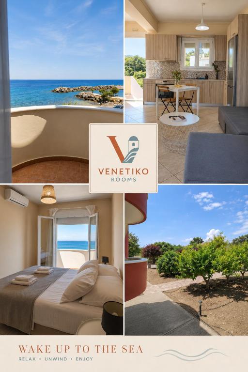 a collage of photos of a hotel room with a bed and the ocean at Venetiko rooms in Chios