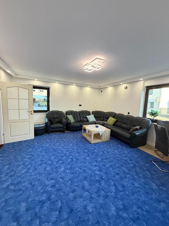 a living room with couches and a blue carpet at Ferienwohnung Adenau in Adenau