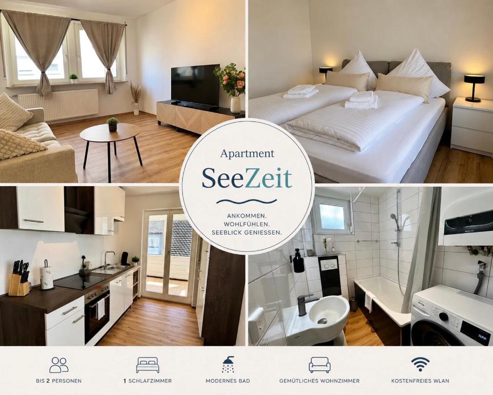 a collage of three pictures of a bedroom and a bathroom at Apartment SeeZeit - Top Lage & nahe am Bodensee in Friedrichshafen