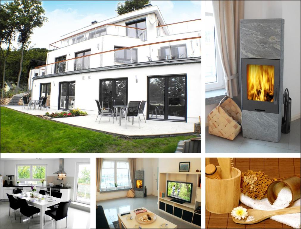 a collage of pictures of a house with a fireplace at Strandhaus Manatee mit Sauna und Kamin in Ostseebad Sellin