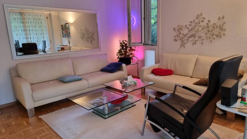 a living room with a couch and a table at Premium Apartment mit Pilatus Sicht in Lucerne