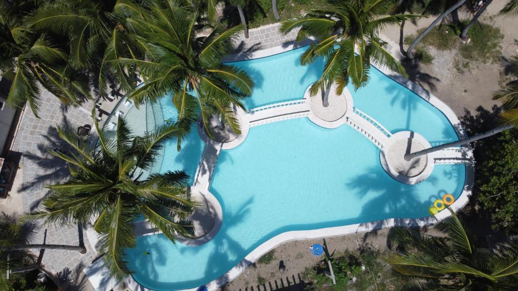 an overhead view of a swimming pool with palm trees at Pili Beach Resort Agmanic in Santa Fe