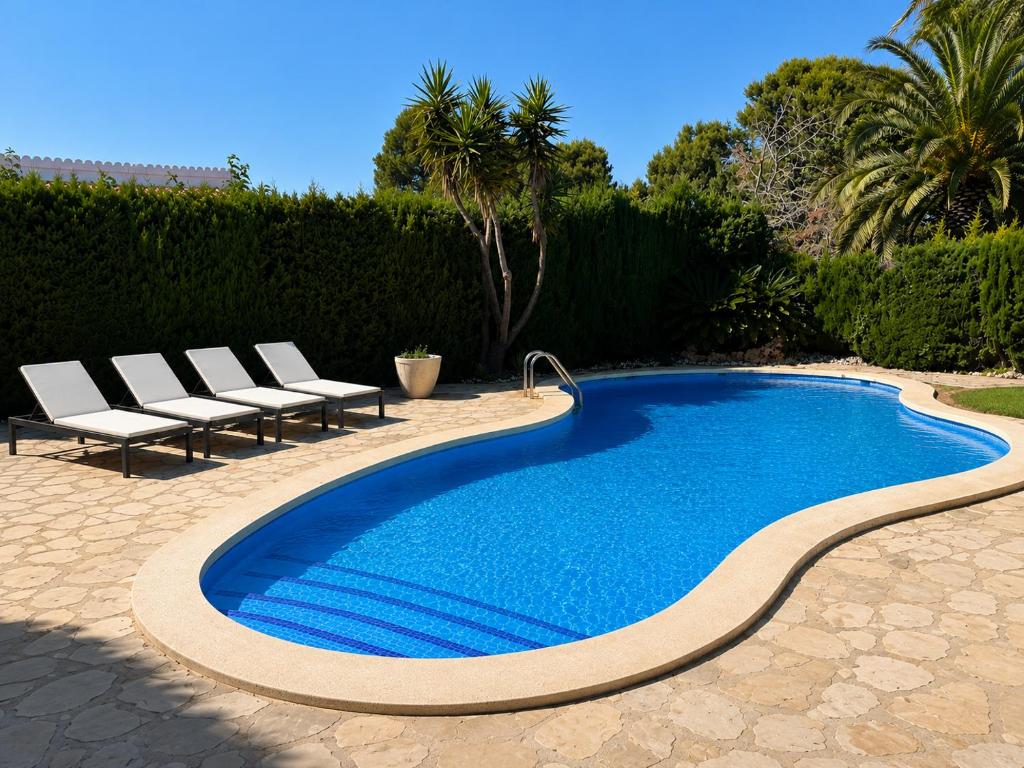 a swimming pool with lounge chairs next to a resort at Casa Lluna De Mar in L'Ampolla