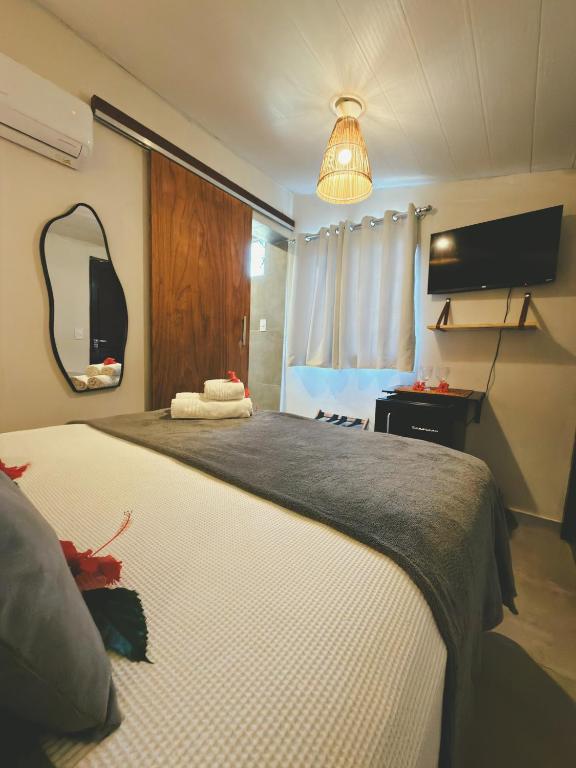 a bedroom with a large bed and a mirror at Pousada Ilha do Frade in Fernando de Noronha